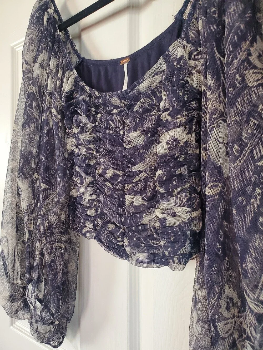 Free People Lilia Top Peasant Smocked Crop Baloon Sheer Sleeves Preppy Festival